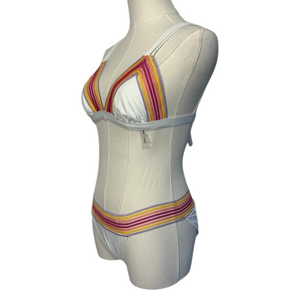 Beach Bunny Triangle Bikini Womens Size Small White Neon Stripes Rushed - Picture 9 of 11